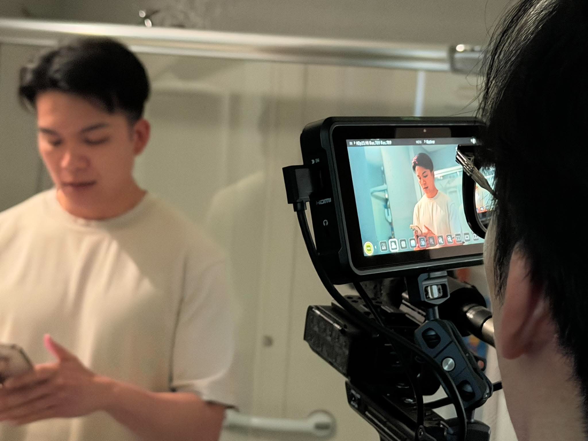 Checking the monitor between takes