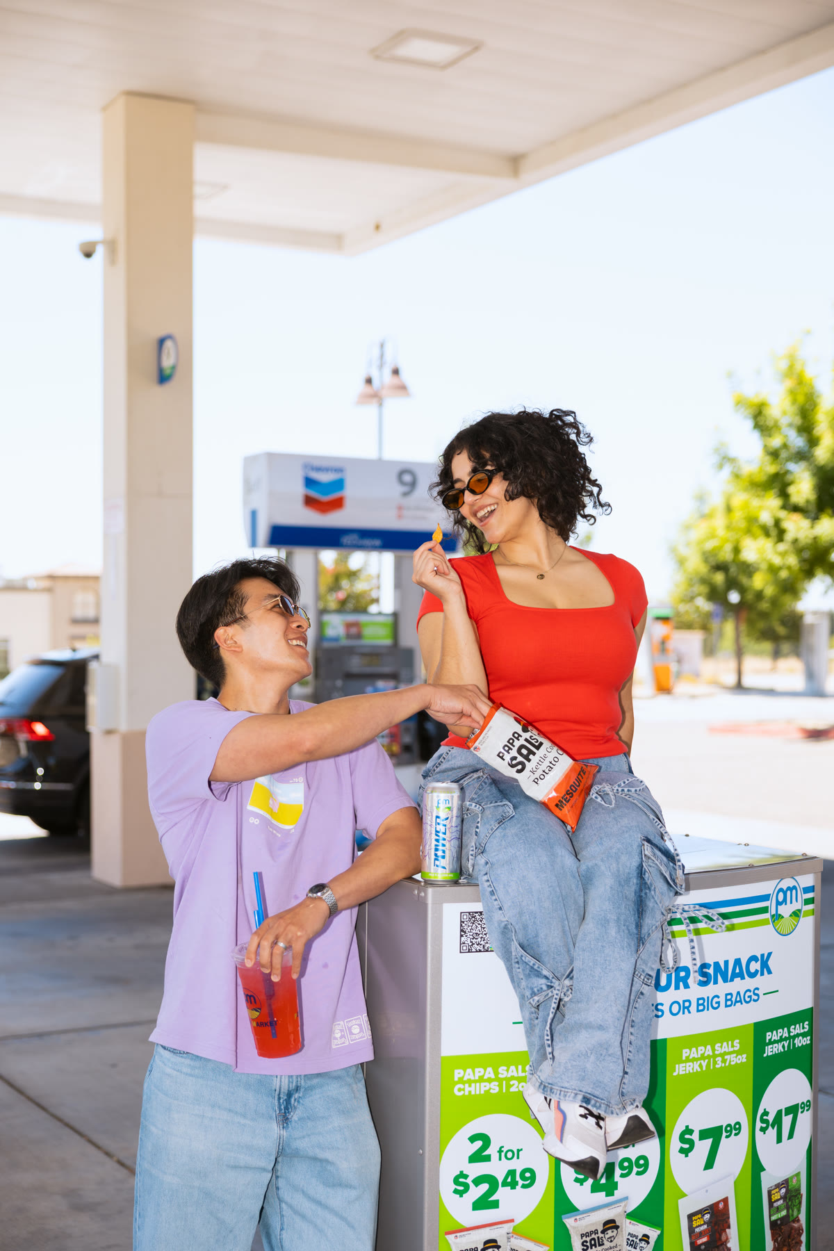 PowerMarket campaign scene at a gas station